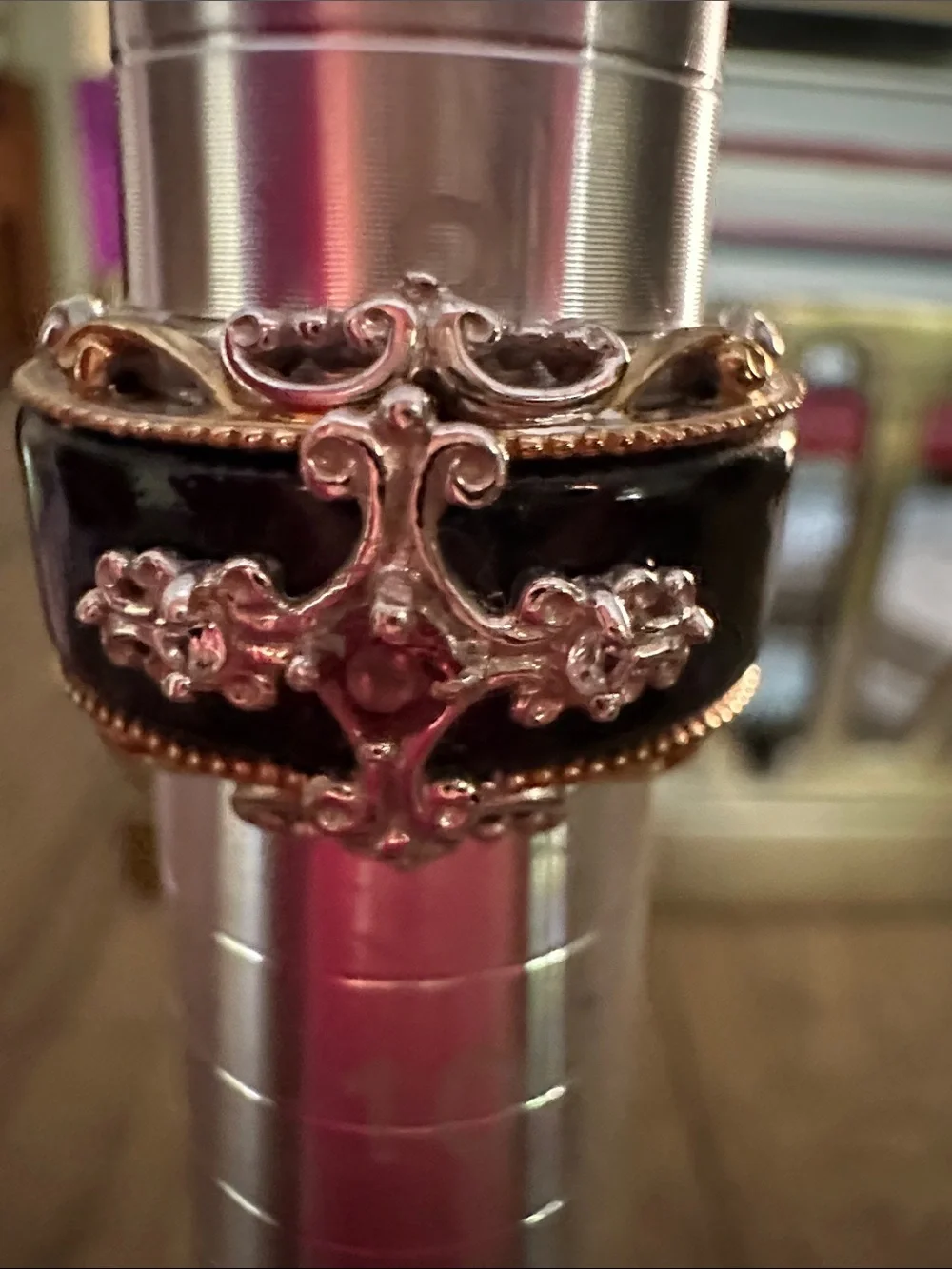 Black Onyx Band Ring with Gold-Tone Rope and Silver Cross Accents